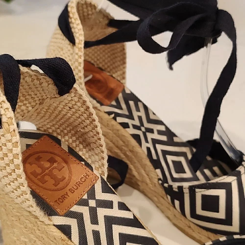 Tory Burch Geo Print Platform Wedge Espadrilles Navy White Boho Sandals